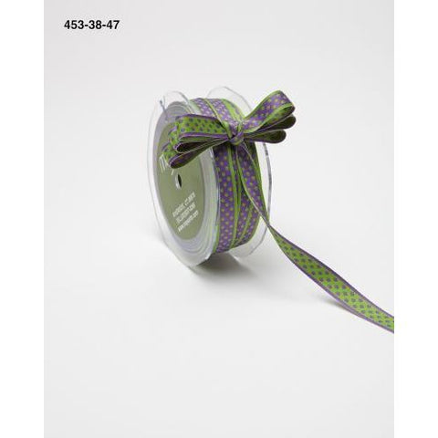 Ribbon - 3/8 Inch Reversible Dots Ribbon with Woven Edge - Purple/Parrot Green