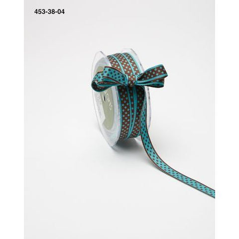 Ribbon - 3/8 Inch Reversible Dots Ribbon with Woven Edge - Brown/Turquoise