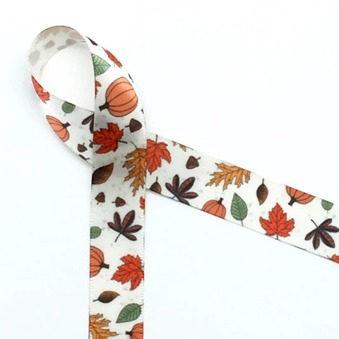 Ribbon - 5/8 Inch Fall leaves ribbon with Pumpkins - Fall