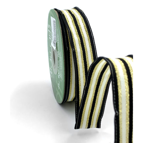 Ribbon - 2 Inch Metallic Stripe Ribbon / Black / Ivory / Gold