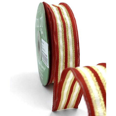 Ribbon - 2 Inch Metallic Stripe Ribbon / Red / Ivory / Gold
