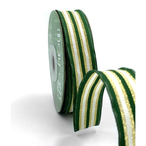 Ribbon - 2 Inch Metallic Stripe Ribbon / Green / Ivory / Gold