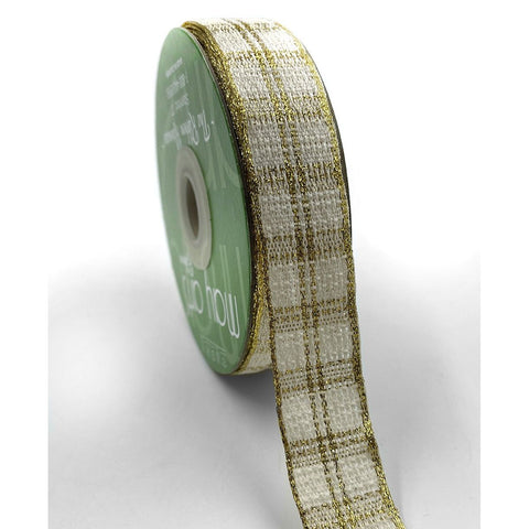 Ribbon - 3/4 Inch Metallic Loose WEave Plaid Ribbon - Ivory / Gold