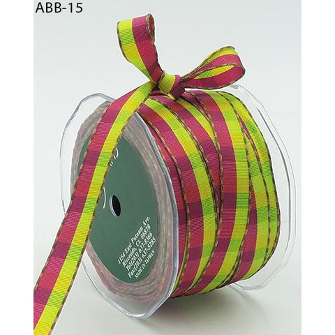 Ribbon - 1/2 Inch Multi-Color Checkered Ribbon with Woven Stitched Edge - Green / Fuchsia / Orange