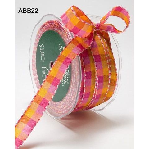 Ribbon - 1/2 Inch Multi-Color Checkered Ribbon with Woven Stitched Edge - Fuchsia / Orange / Lavender