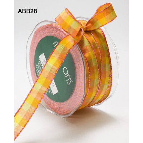 Ribbon - 1/2 Inch Multi-Color Checkered Ribbon with Woven Stitched Edge - Orange / Yellow / Pink