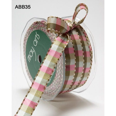 Ribbon - 1/2 Inch Multi-Color Checkered Ribbon with Woven Stitched Edge - Green / Ivory / Pink