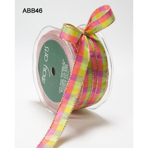 Ribbon - 1/2 Inch Multi-Color Checkered Ribbon with Woven Stitched Edge - Parrot Green / Fuchsia / Yellow