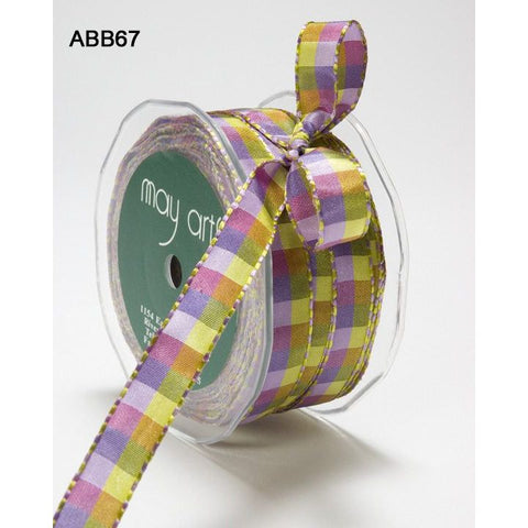 Ribbon - 1/2 Inch Multi-Color Checkered Ribbon with Woven Stitched Edge - Purple / Lavender / Parrot Green