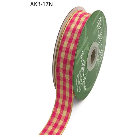 Ribbon - 7/8 Inch Woven Antique Ivory Checkered Ribbon with Woven Edge - Pink