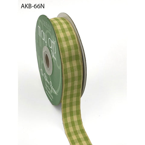 Ribbon - 7/8 Inch Woven Antique Ivory Checkered Ribbon with Woven Edge - Light Green
