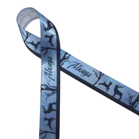 Ribbon - 7/8 Inch Wizard Ribbon - Wizard Always Doe & Buck - Black on Blue