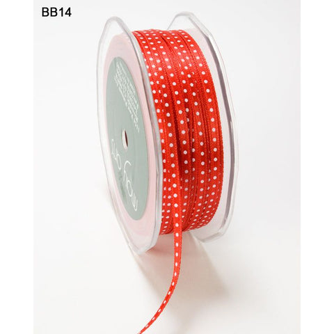 Ribbon - 1/8 Inch Satin Mini Center Dot Ribbon with Woven Edge - Red