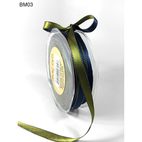Ribbon - 3/8 Inch Two-Color Reversible Satin with Woven Stitched Edge - Olive Green / Navy Blue