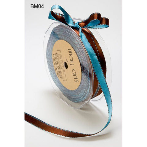 Ribbon - 3/8 Inch Two-Color Reversible Satin with Woven Stitched Edge - Light Blue / Brown