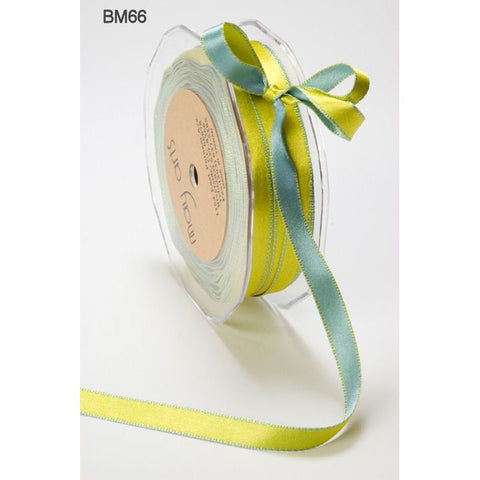Ribbon - 3/8 Inch Two-Color Reversible Satin with Woven Stitched Edge - Light Blue / Parrot Green