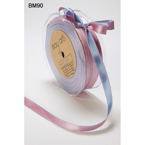 Ribbon - 3/8 Inch Two-Color Reversible Satin with Woven Stitched Edge - Light Blue / Pink