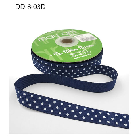 Ribbon - 5/8 Inch Grosgrain Printed Dots Ribbon with Woven Edge - Navy/White Dots