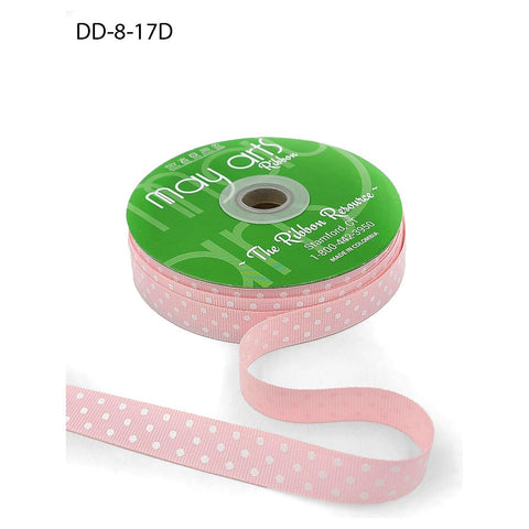 Ribbon - 5/8 Inch Grosgrain Printed Dots Ribbon with Woven Edge - Pink/White Dots