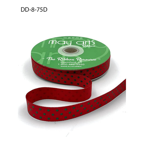 Ribbon - 5/8 Inch Grosgrain Printed Dots Ribbon with Woven Edge - Red/Green Dots