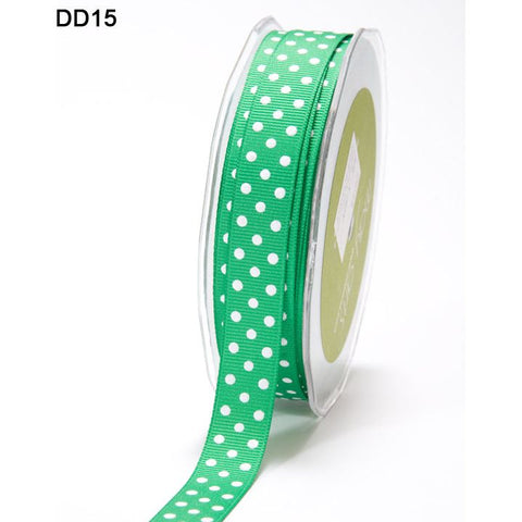 Ribbon - 5/8 Inch Grosgrain Printed Dots Ribbon with Woven Edge - Green/White Dots