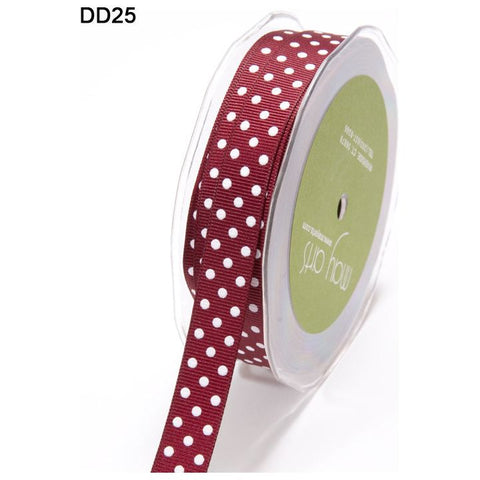 Ribbon - 5/8 Inch Grosgrain Printed Dots Ribbon with Woven Edge - Burgundy/White Dots