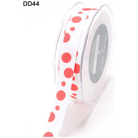 Ribbon - 5/8 Inch Grosgrain Printed Dots Ribbon with Woven Edge - White/Red Dots