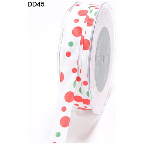 Ribbon - 5/8 Inch Grosgrain Printed Dots Ribbon with Woven Edge - White/Red, Green Dots