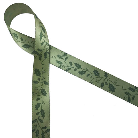 Ribbon - 7/8 Inch Holly Leaves Ribbon in dark green