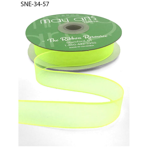 Ribbon - 3/4 Inch Soft Sheer Ribbon with Thin Solid Edge - Neon Yellow