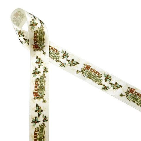 Ribbon - 7/8 Inch Vintage Christmas Ribbon Merry Christmas