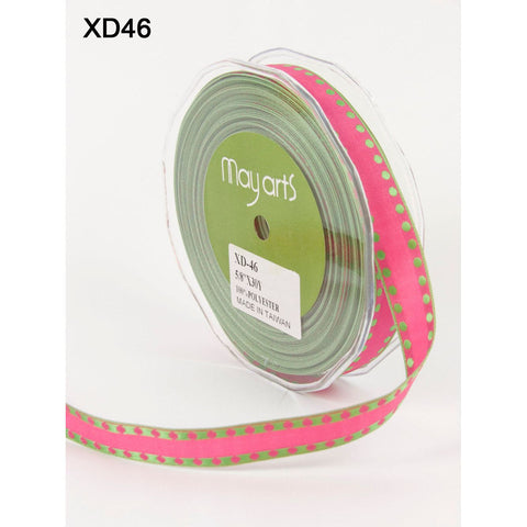 Ribbon - 5/8 Inch Woven Solid Dot Edge (Wired) Ribbon - Pink / Green Dots