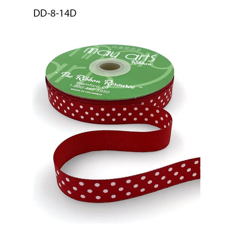 Ribbon - 5/8 Inch Grosgrain Printed Dots Ribbon with Woven Edge - Red/White Dots