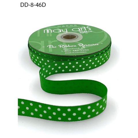 Ribbon - 5/8 Inch Grosgrain Printed Dots Ribbon with Woven Edge - Celery/White Dots