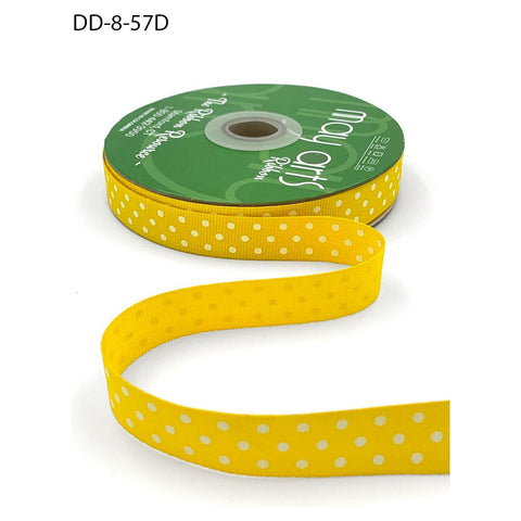 Ribbon - 5/8 Inch Grosgrain Printed Dots Ribbon with Woven Edge - Yellow/White Dots