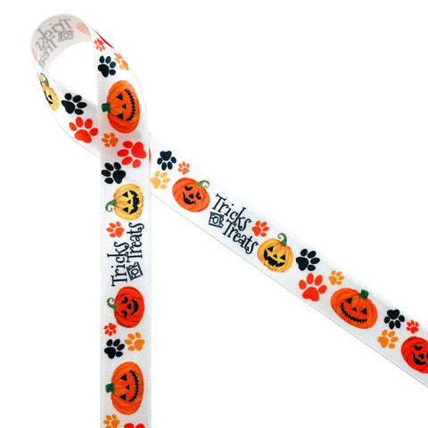 Ribbon - 5/8 Inch Tricks for Treats ribbon with paw prints