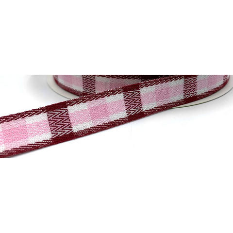 Ribbon - 5/8” Woven Tartan Plaid / Pink, Burgundy, White