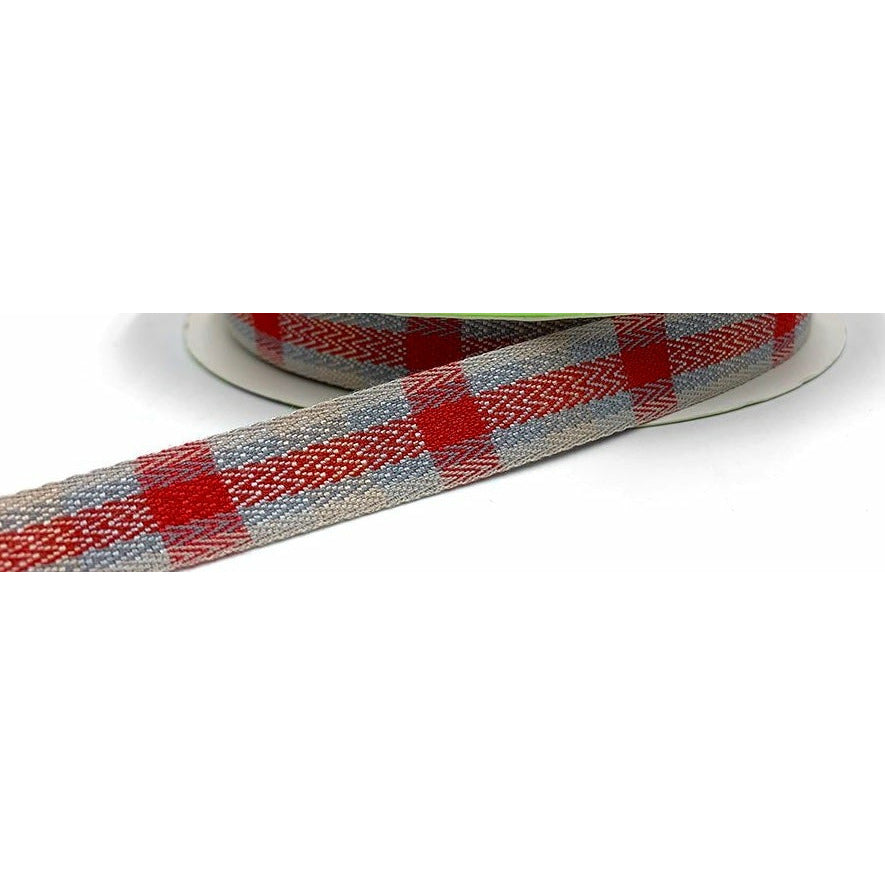 Ribbon - 5/8” Woven Tartan Plaid / Red, Grey, Tan