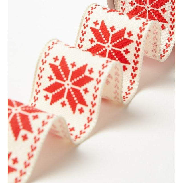 Red & White Nordic Tree Christmas Wired Craft Ribbon 2.5 x 16